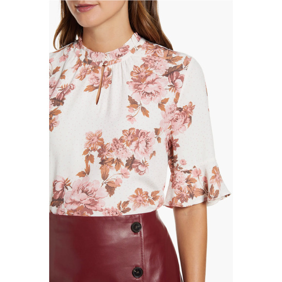 RACHEL PARCELL Keyhole Flounce Sleeve Blouse in Red/Pink Floral Print - Picture 3 of 12